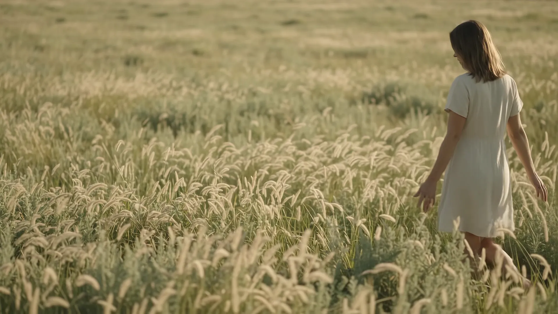 A woman walking through tall grass with her hands out, brushing the seed heads as she goes